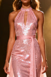 Sirène rose clair scintillante Robe longue dos nu à paillettes avec ceinture