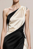 Noir et blanc A-ligne A-Shoulder Satin Robe de soirée longue