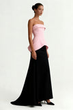 Robe longue formelle sans bretelles noire et rose