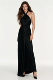 Robe longue formelle en satin noir avec ceinture