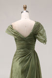 Robe formelle longue en organza sage poussiéreux à épaule unique ligne droite plissée