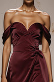 Satin bordeaux épaule dénudée Robe longue formelle corbeille