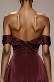 Satin bordeaux épaule dénudée Robe longue formelle corbeille