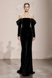Sirène Robe de bal militaire longue sans bretelles en velours noir avec manches