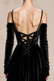 Noir Épaule Froide Velours Trapèze Manches Longues Robes de bal Militaire