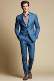 Bleu Gris Revers Cranté Simple Boutonnage Hommes Blazer