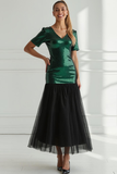 Robe longue de bal en tulle vert foncé scintillant à col en V avec paillettes
