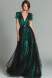 Robe longue formelle à paillettes à paillettes vert foncé scintillante avec manches