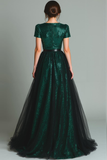 Robe longue formelle à paillettes à paillettes vert foncé scintillante avec manches