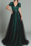 Robe longue formelle à paillettes à paillettes vert foncé scintillante avec manches