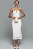 Robe longue formelle sans bretelles en dentelle fourreau blanche