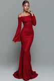Robe longue formelle sirène rouge à épaules froides avec manches
