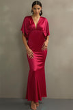 Robe longue formelle en satin sirène fuchsia à col en V