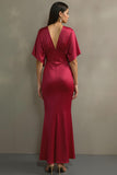 Robe longue formelle en satin sirène fuchsia à col en V
