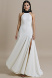 Robe longue formelle blanche à col haut avec fente