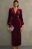 Cabernet Velvet Sheath Robe de soirée midi à manches longues