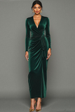 Robe longue de soirée des Fêtes en velours vert foncé à col en V