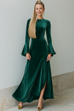 Robe formelle à manches longues en velours vert foncé avec fente