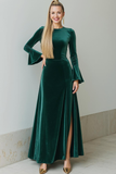 Robe formelle à manches longues en velours vert foncé avec fente