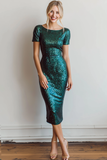 Robe de cocktail midi fourreau vert foncé à paillettes scintillantes