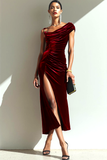 Robe de soirée longue à col asymétrique cabernet froncé avec fente