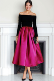 Robe de soirée longue à manches dénudées en velours noir fuchsia