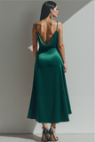 Robe longue formelle à bretelles spaghetti en velours vert foncé avec fente