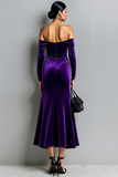 Robe de soirée longue en velours sirène violet foncé à épaules dénudées