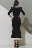 Robe formelle en velours noir sirène longueur thé avec dentelle