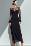 Robe longue formelle à col bateau en mousseline de soie noire avec manches