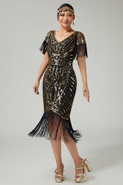 Robe noire dorée à col en V des années 1920 avec paillettes et franges