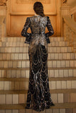 Robe formelle noire à manches longues et paillettes sirène dorée
