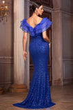 Robe formelle bleu royal à col en V sirène à paillettes