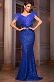 Robe formelle bleu royal à col en V sirène à paillettes