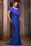 Robe formelle bleu royal à col en V sirène à paillettes