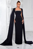 Robe longue de bal fourreau noir avec cape