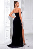 Robe de bal longue en velours noir scintillant avec perles