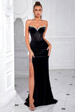 Robe de bal longue en velours noir scintillant avec perles