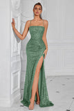 Robe de bal longue sirène à paillettes dorées scintillantes avec fente
