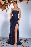 Robe de bal longue sirène à paillettes dorées scintillantes avec fente