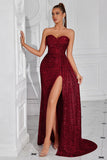 Robe de bal longue sirène à paillettes bordeaux scintillante avec fente