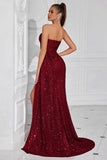 Robe de bal longue sirène à paillettes bordeaux scintillante avec fente
