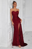 Robe de bal longue sirène à paillettes bordeaux scintillante avec fente