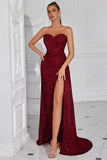 Robe de bal longue sirène à paillettes bordeaux scintillante avec fente