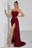 Robe de bal longue sirène à paillettes bordeaux scintillante avec fente