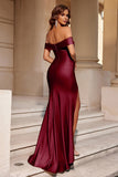 Robe longue de bal en satin bordeaux sirène à épaules dénudées avec fente