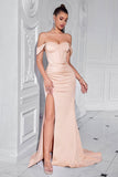 Blush Off The Shoulder Satin Gaine Long Corset Robe de Bal Avec Fente