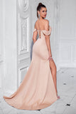 Blush Off The Shoulder Satin Gaine Long Corset Robe de Bal Avec Fente