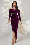 Robe de bal froncée fourreau en velours violet foncé