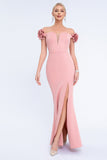 Blush Off the Shouder Robe de bal fourreau de fleurs 3D avec fente